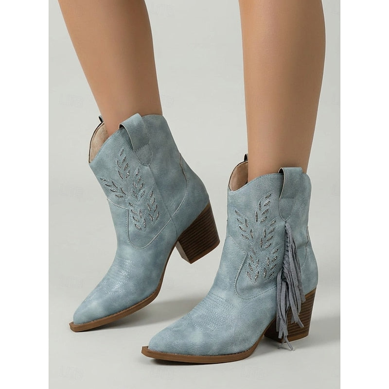 Western Boots Women with Block Heel and Fringe Detail - 6 - London-stylehouse.com