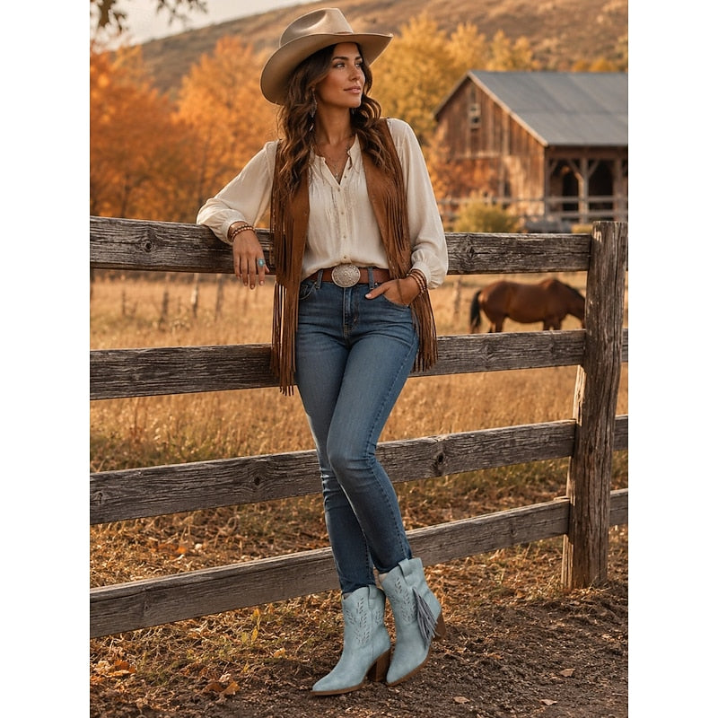 Western Boots Women with Block Heel and Fringe Detail - 8 - London-stylehouse.com