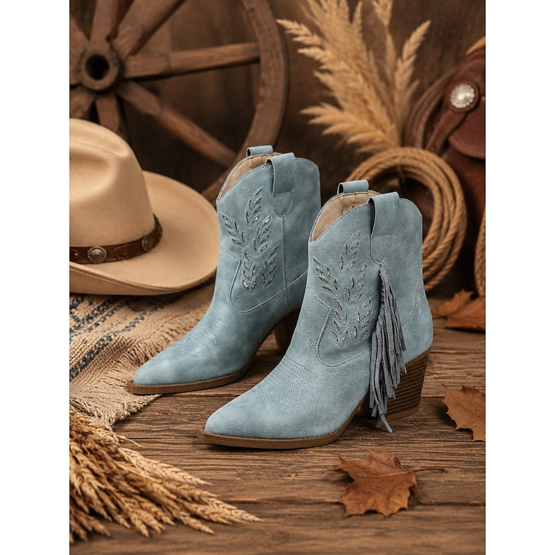 Western Boots Women with Block Heel and Fringe Detail - 9 - London-stylehouse.com