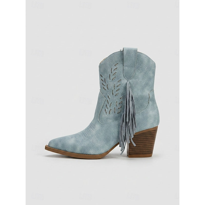 Western Boots Women with Block Heel and Fringe Detail - 10 - London-stylehouse.com