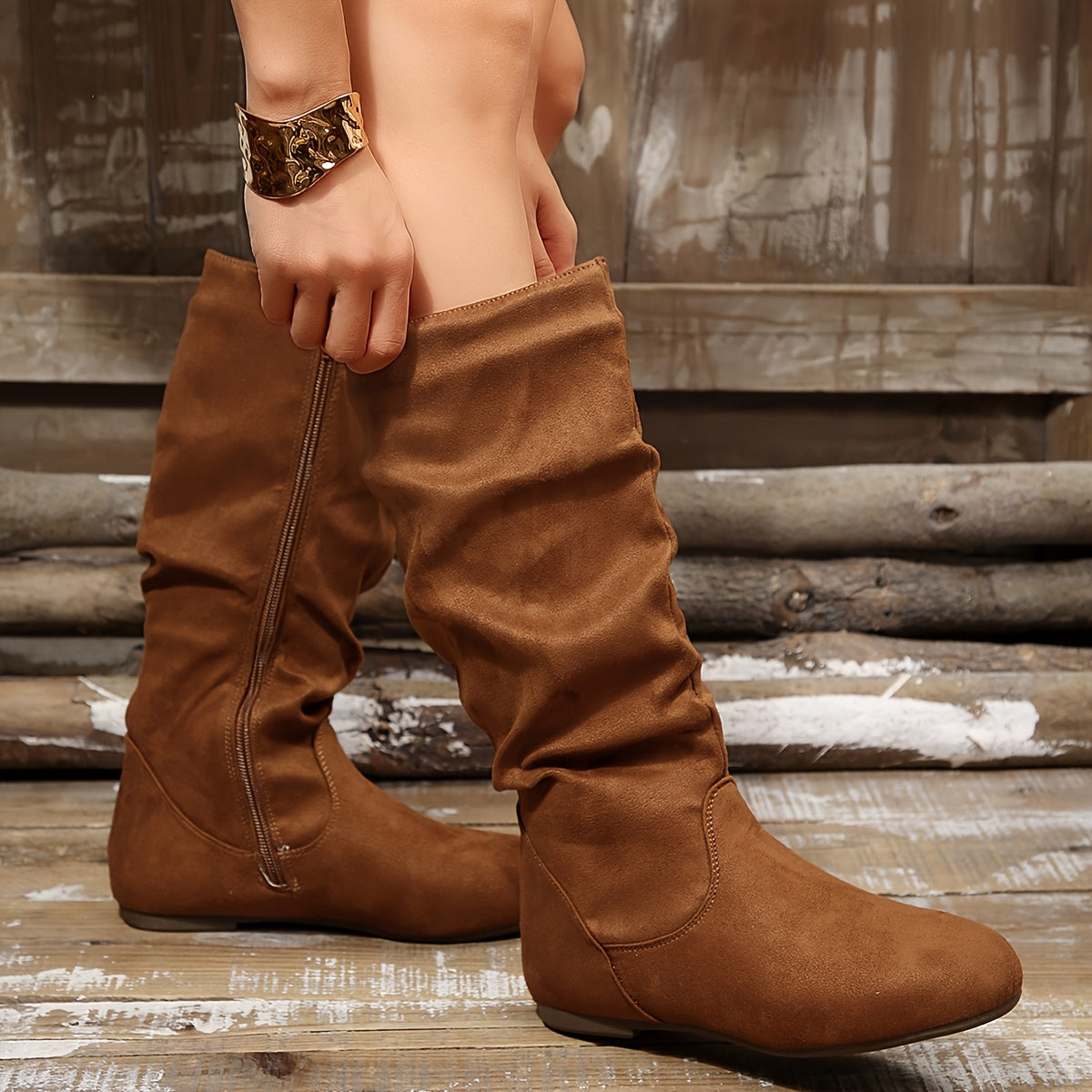 Women's Slouchy Knee-High Boots with Zip Detail - 9 - London-stylehouse.com
