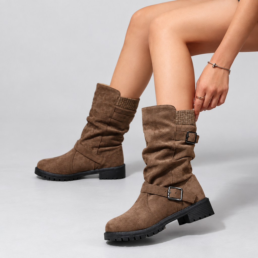 Slouchy Women's Boots with Buckle Detail and Chunky Sole - 1 - London-stylehouse.com