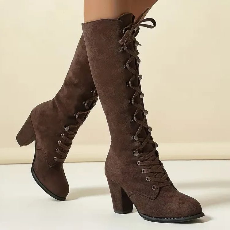 Women’s Lace-Up Knee-High Boots with Chunky Heel - 1 - London-stylehouse.com