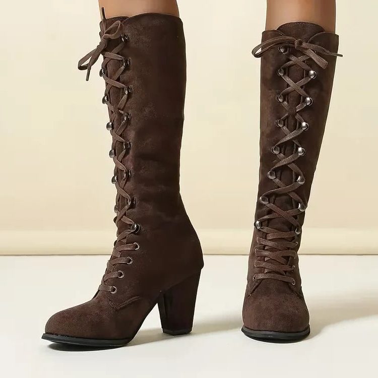 Women’s Lace-Up Knee-High Boots with Chunky Heel - 4 - London-stylehouse.com