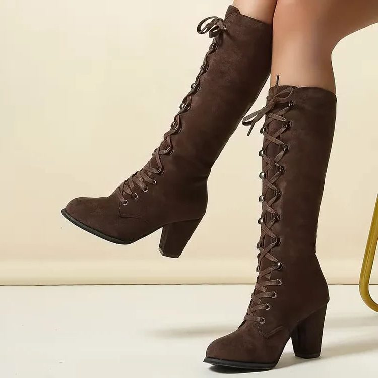 Women’s Lace-Up Knee-High Boots with Chunky Heel - 5 - London-stylehouse.com