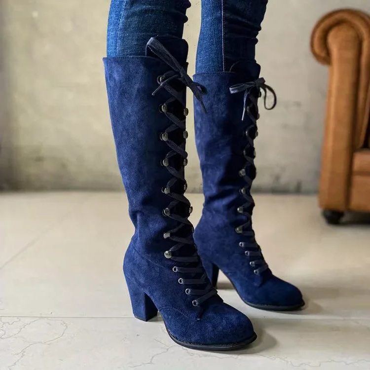 Women’s Lace-Up Knee-High Boots with Chunky Heel - 6 - London-stylehouse.com