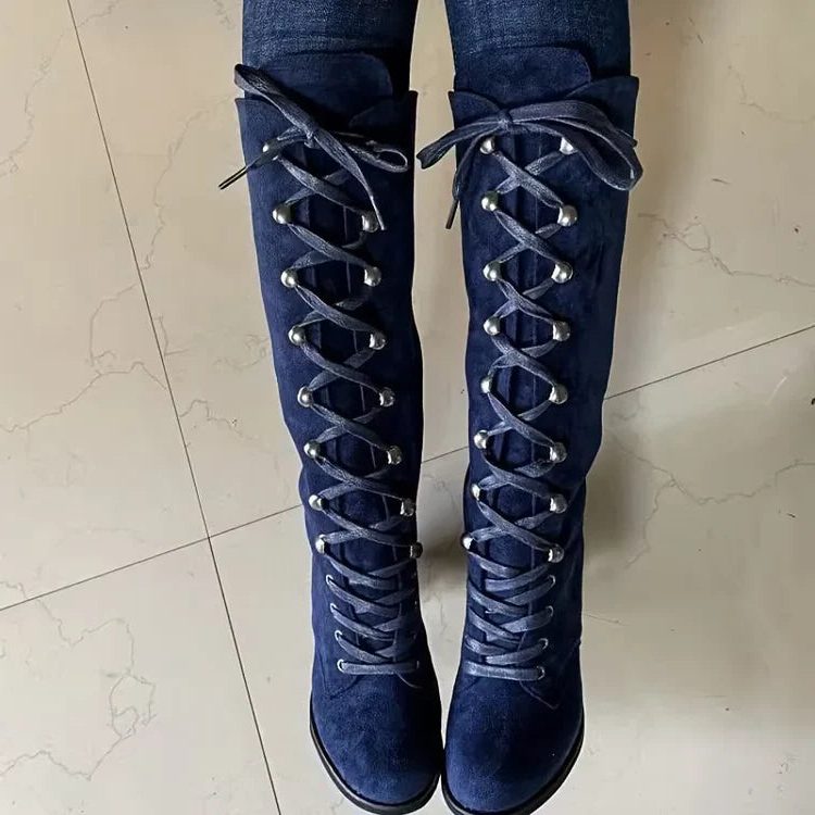 Women’s Lace-Up Knee-High Boots with Chunky Heel - 7 - London-stylehouse.com