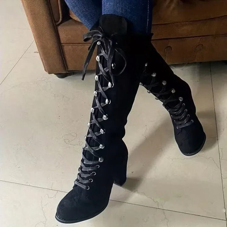 Women’s Lace-Up Knee-High Boots with Chunky Heel - 8 - London-stylehouse.com