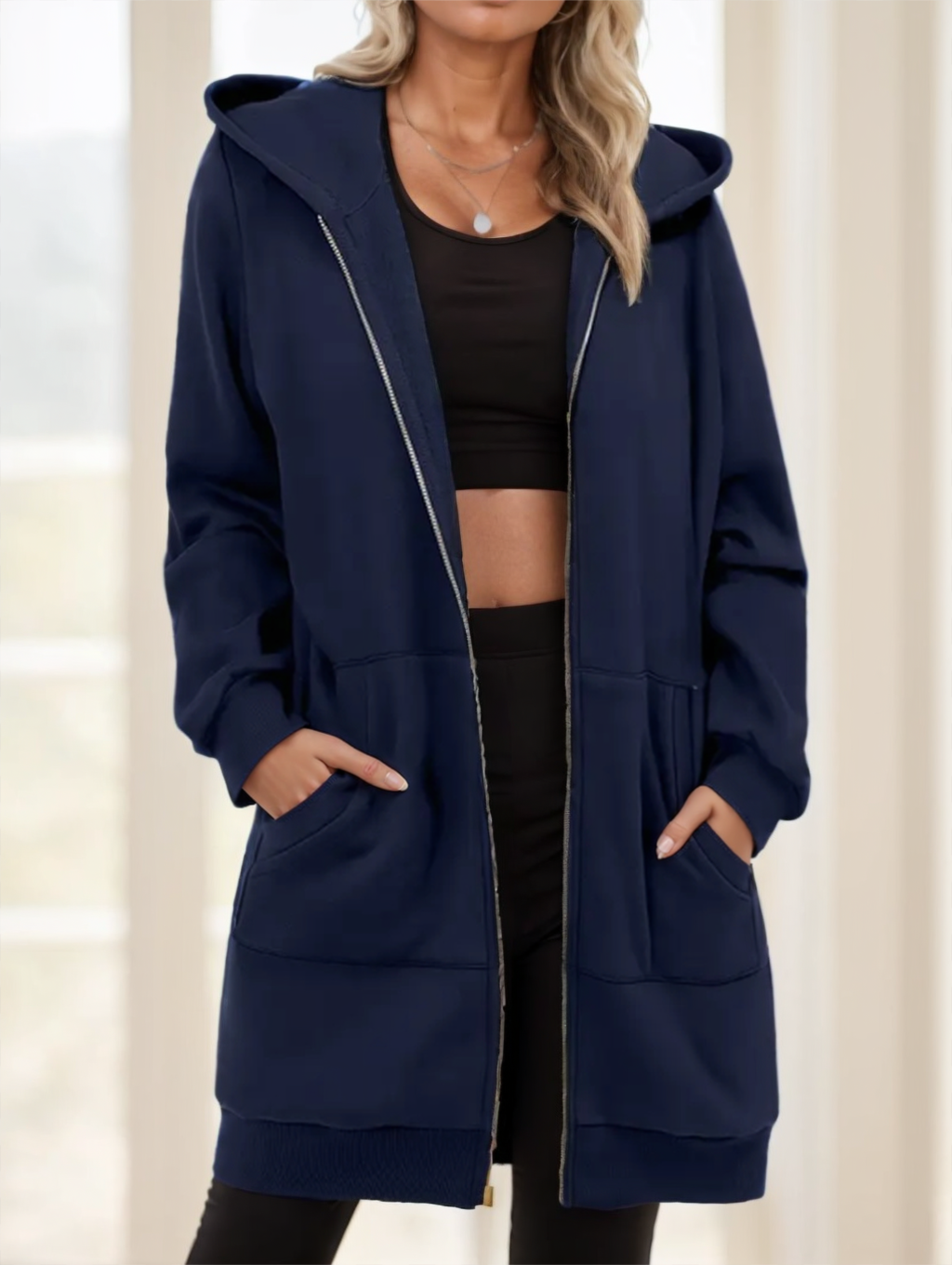 Zip-Up Hooded Jacket Women Longline with Pockets - 3 - London-stylehouse.com