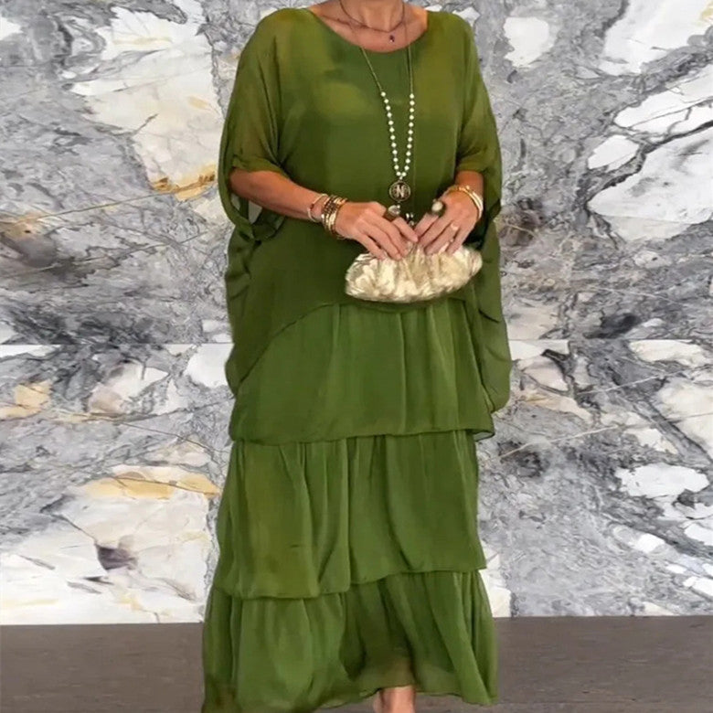 Maxi Dress Women with Tiered Design and Batwing Sleeves - 2 - London-stylehouse.com