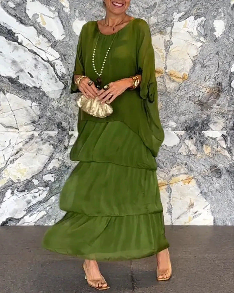 Maxi Dress Women with Tiered Design and Batwing Sleeves - 3 - London-stylehouse.com