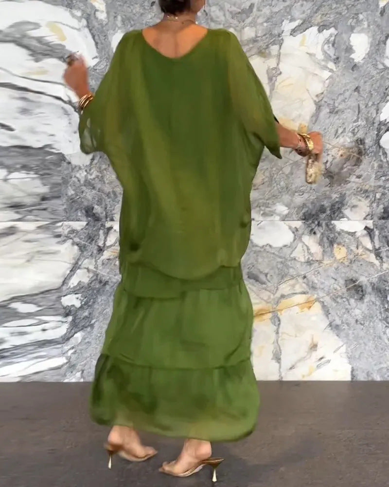 Maxi Dress Women with Tiered Design and Batwing Sleeves - 5 - London-stylehouse.com