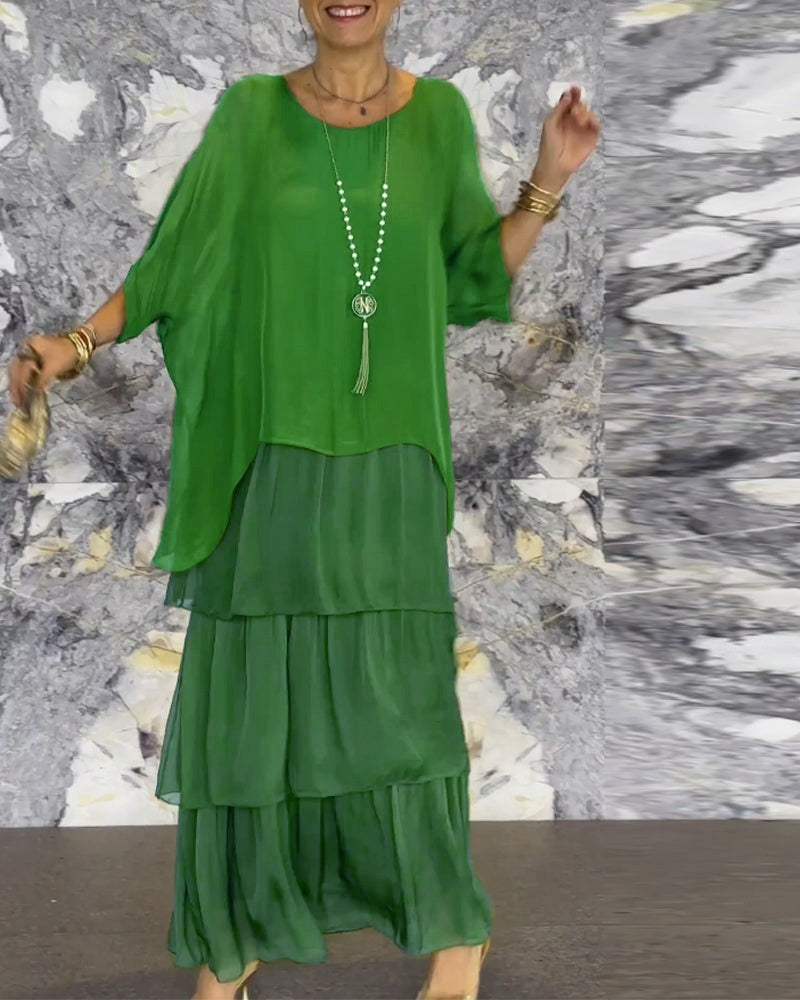 Maxi Dress Women with Tiered Design and Batwing Sleeves - 6 - London-stylehouse.com