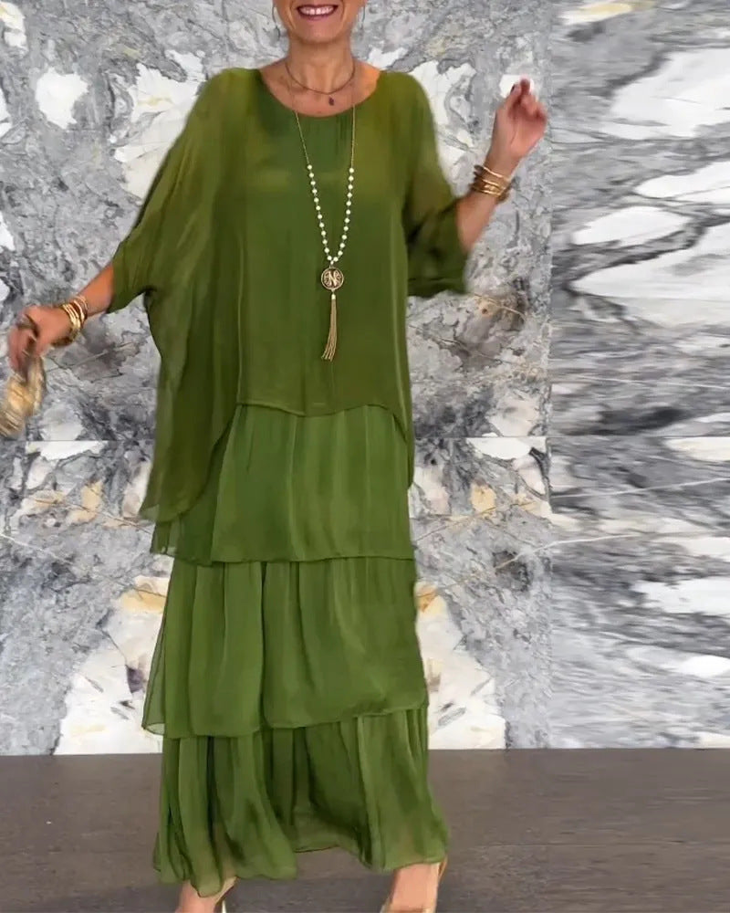 Maxi Dress Women with Tiered Design and Batwing Sleeves - 8 - London-stylehouse.com