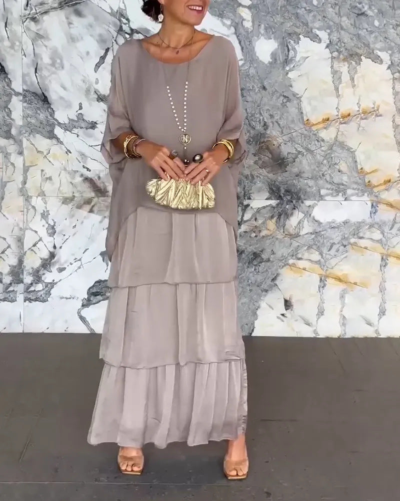 Maxi Dress Women with Tiered Design and Batwing Sleeves - 9 - London-stylehouse.com