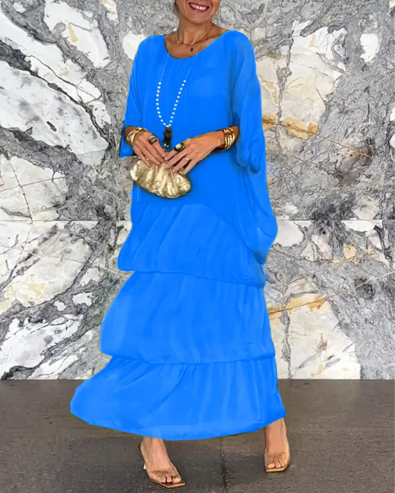 Maxi Dress Women with Tiered Design and Batwing Sleeves - 10 - London-stylehouse.com