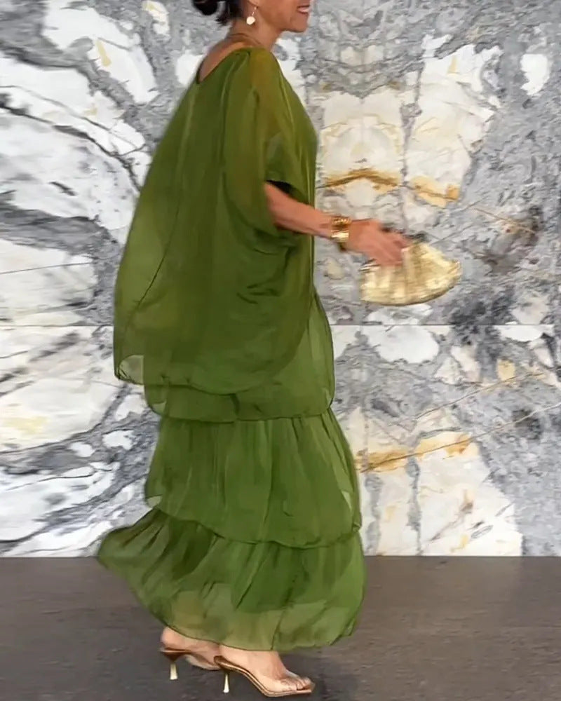 Maxi Dress Women with Tiered Design and Batwing Sleeves - 13 - London-stylehouse.com