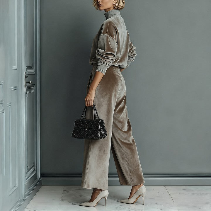 Chic Women's Lounge Set with High Neck and Wide Leg Trousers - 1 - London-stylehouse.com