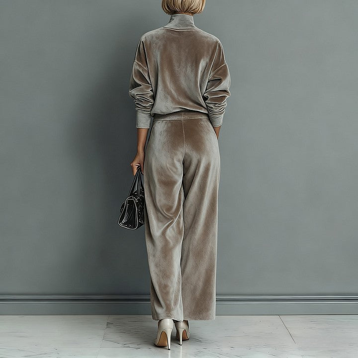 Chic Women's Lounge Set with High Neck and Wide Leg Trousers - 4 - London-stylehouse.com