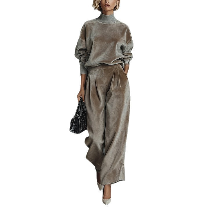 Chic Women's Lounge Set with High Neck and Wide Leg Trousers - 7 - London-stylehouse.com