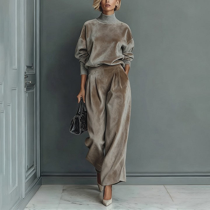 Chic Women's Lounge Set with High Neck and Wide Leg Trousers - 10 - London-stylehouse.com