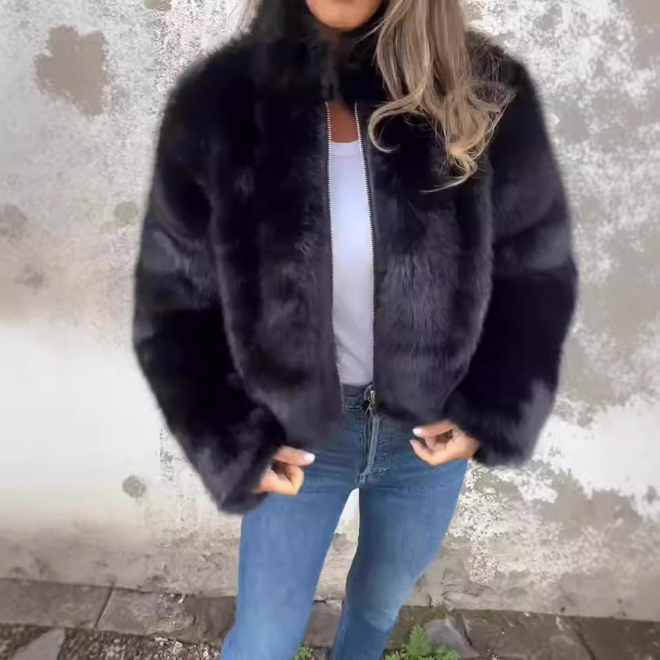 Women's Faux Fur Jacket with Stand-Up Collar and Zip - 1 - London-stylehouse.com