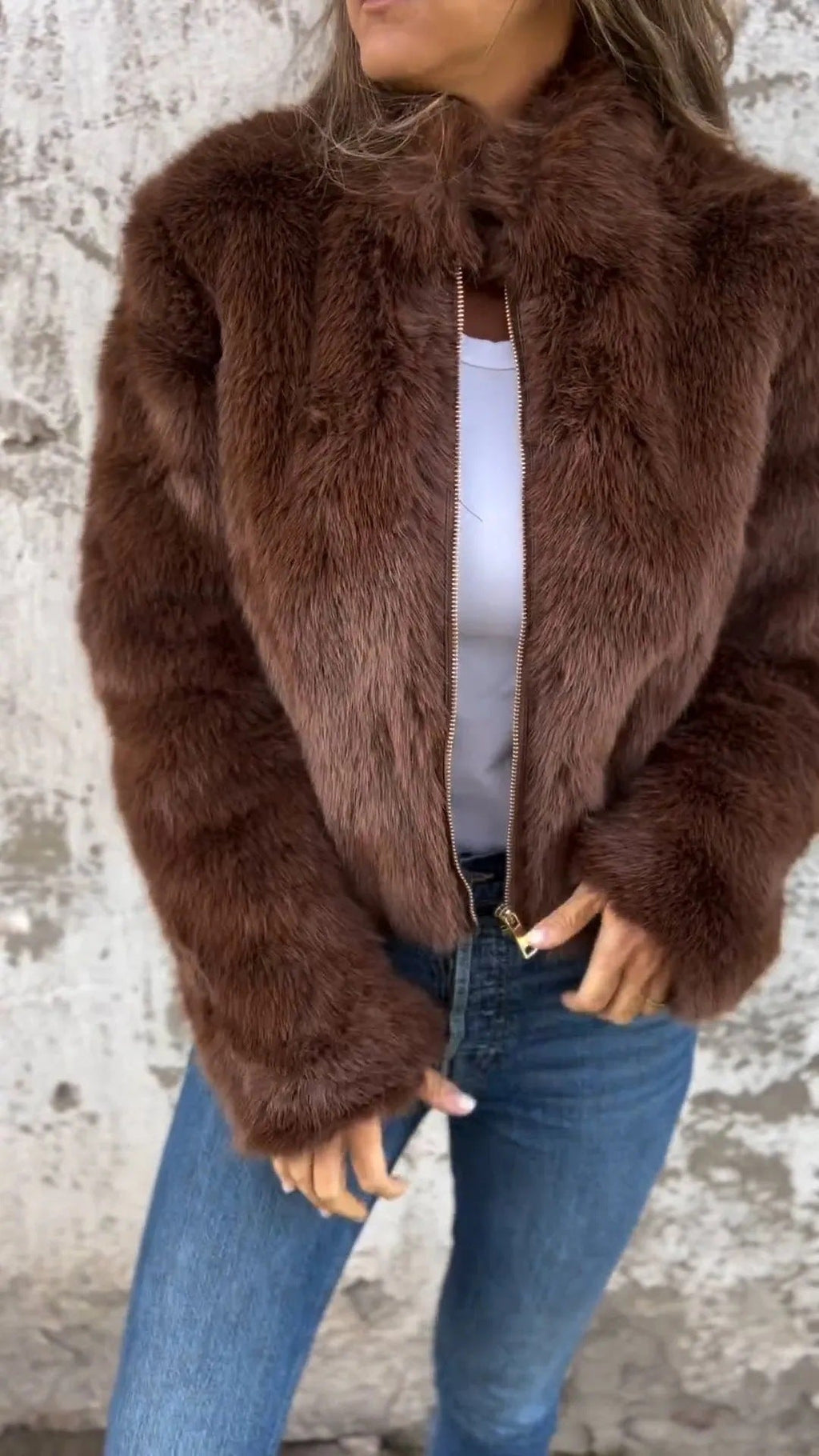 Women's Faux Fur Jacket with Stand-Up Collar and Zip - 2 - London-stylehouse.com