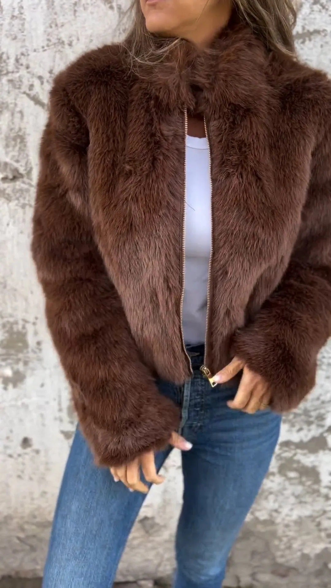 Women's Faux Fur Jacket with Stand-Up Collar and Zip - 2 - London-stylehouse.com