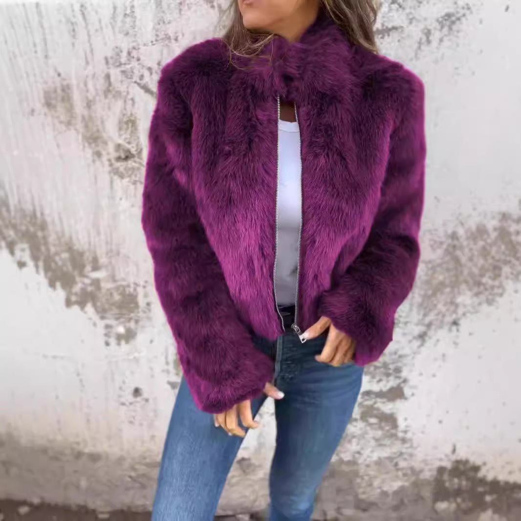 Women's Faux Fur Jacket with Stand-Up Collar and Zip - 5 - London-stylehouse.com