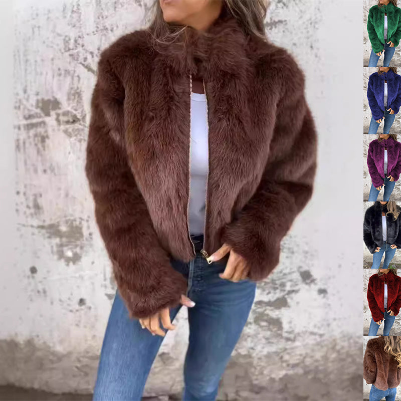 Women's Faux Fur Jacket with Stand-Up Collar and Zip - 7 - London-stylehouse.com