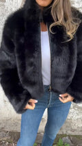Women's Faux Fur Jacket with Stand-Up Collar and Zip - 8 - London-stylehouse.com
