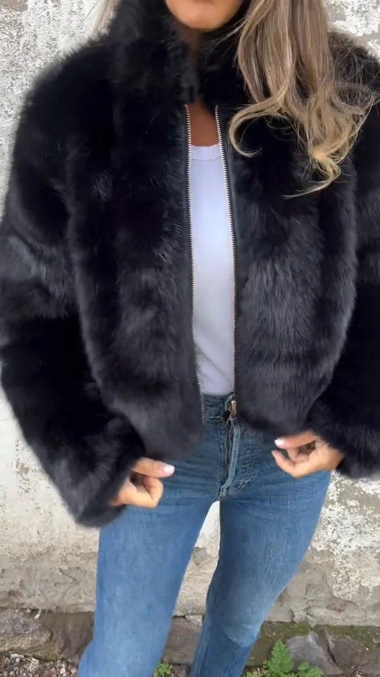 Women's Faux Fur Jacket with Stand-Up Collar and Zip - 8 - London-stylehouse.com