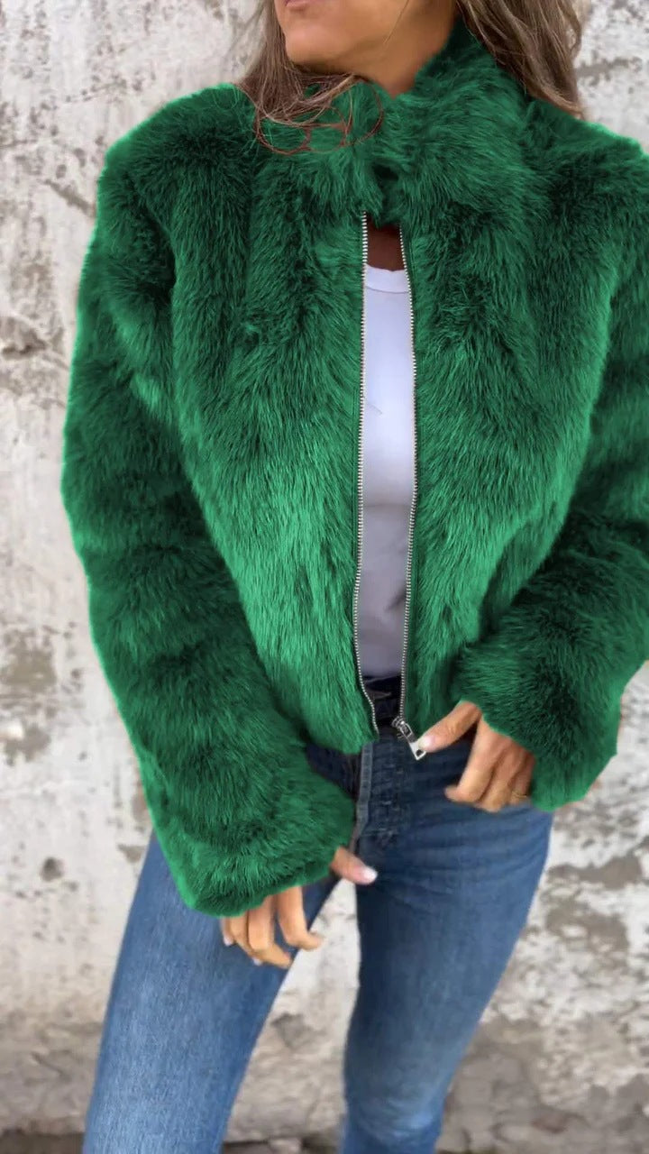 Women's Faux Fur Jacket with Stand-Up Collar and Zip - 12 - London-stylehouse.com