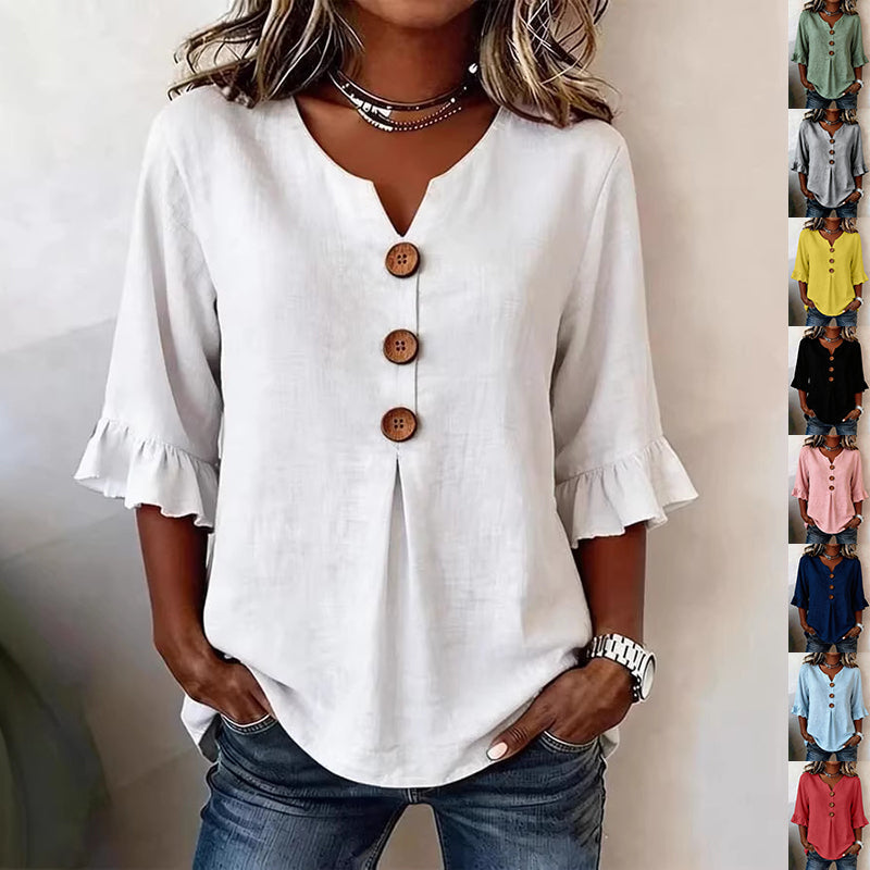 Women's Blouse with V-Neck and Ruffled Sleeves – Button Detail - 1 - London-stylehouse.com
