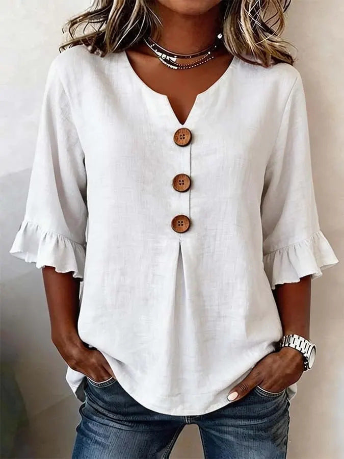 Women's Blouse with V-Neck and Ruffled Sleeves – Button Detail - 6 - London-stylehouse.com