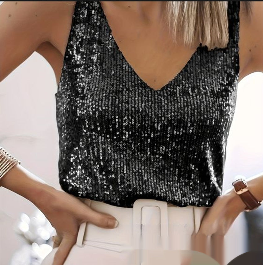 Sequin Blouse Women's V-Neck Sleeveless Sparkle Top - 2 - London-stylehouse.com