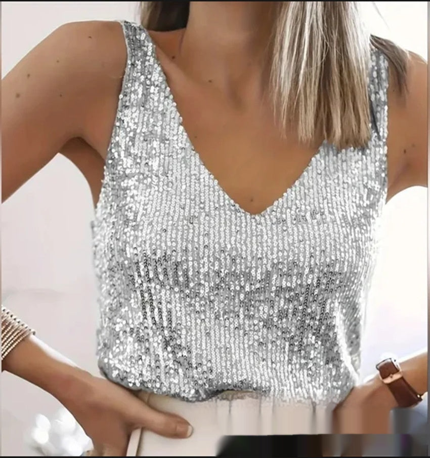 Sequin Blouse Women's V-Neck Sleeveless Sparkle Top - 3 - London-stylehouse.com