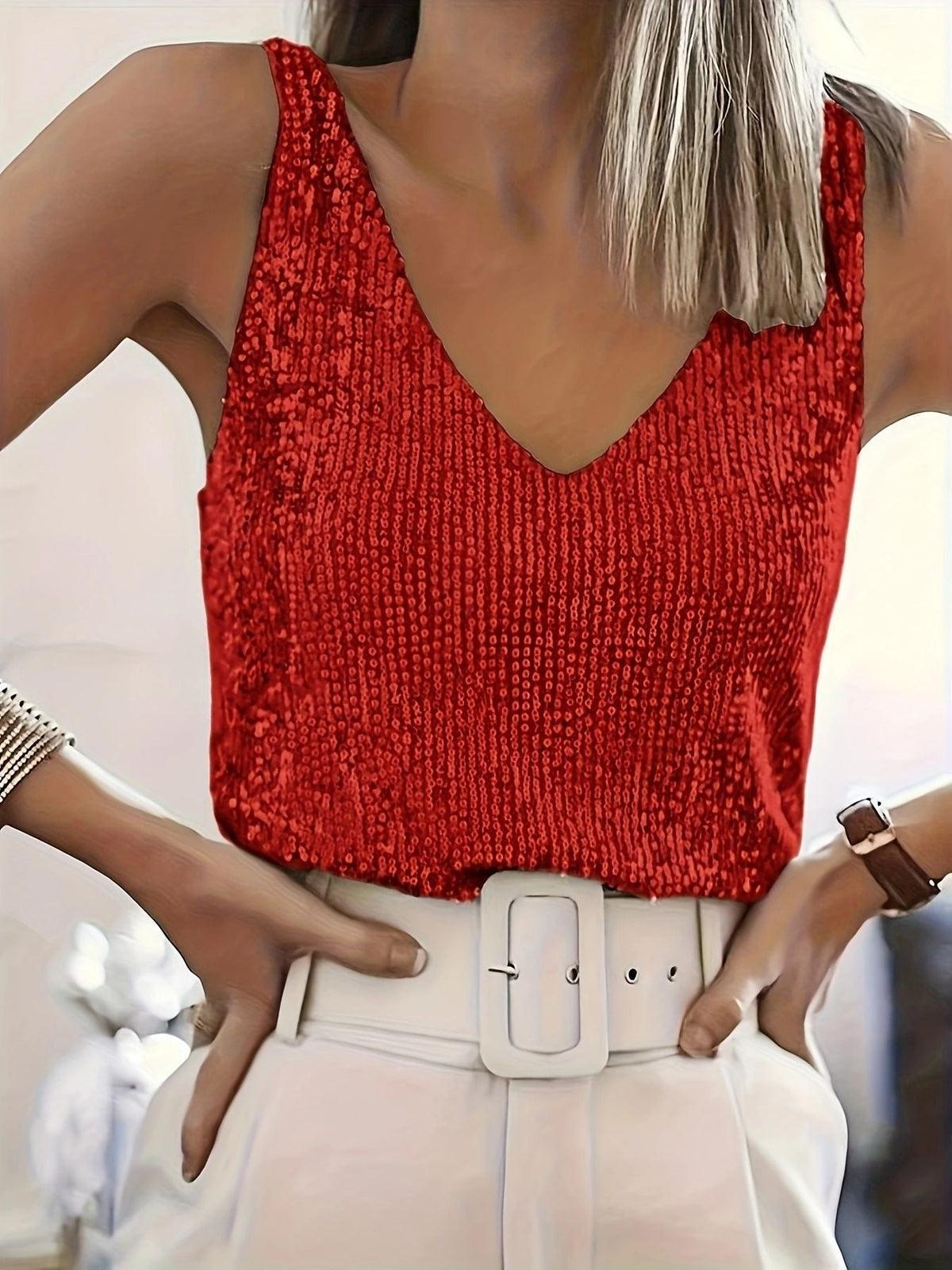 Sequin Blouse Women's V-Neck Sleeveless Sparkle Top - 5 - London-stylehouse.com