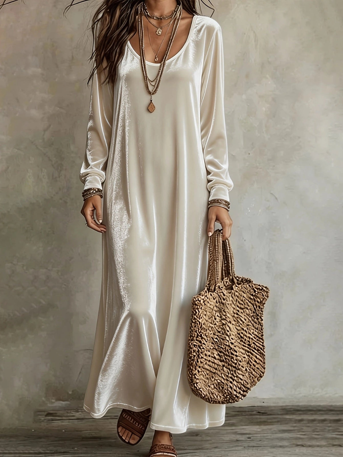 Maxi Dress Women V-Neck Long Sleeve Flared Hem - 1 - London-stylehouse.com