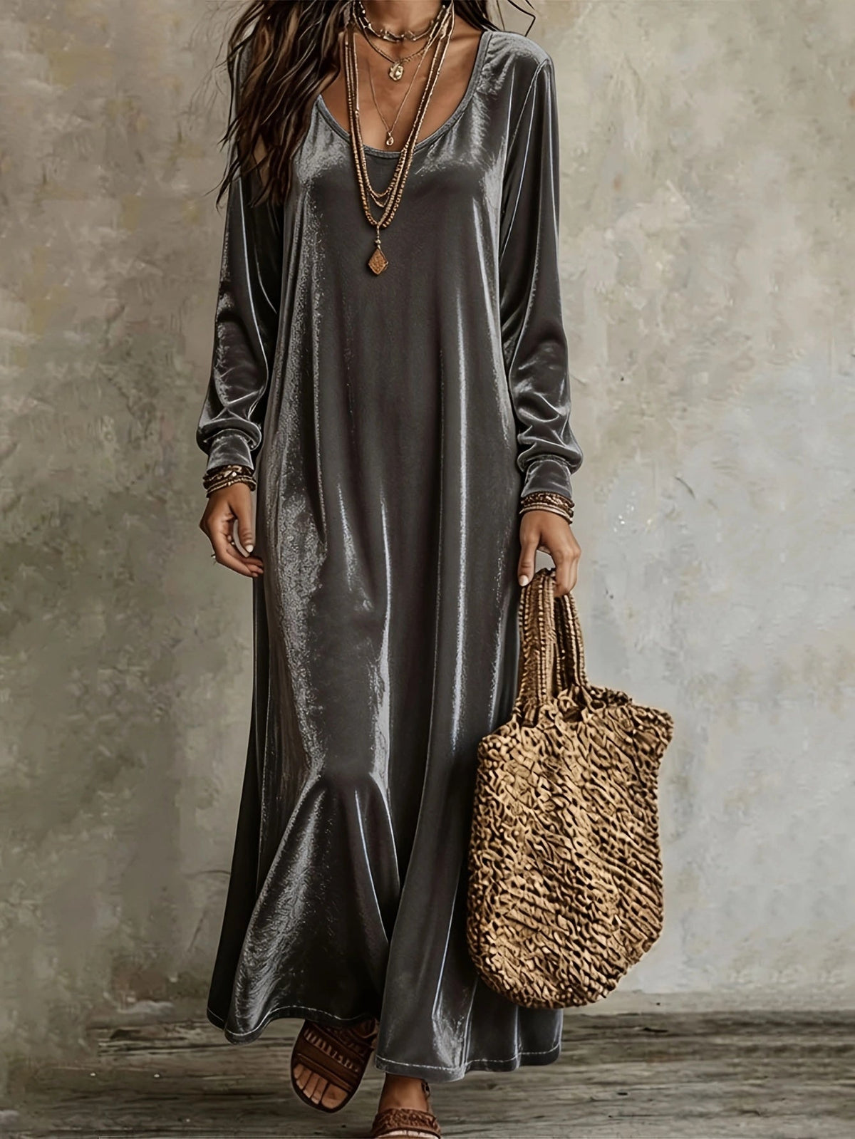 Maxi Dress Women V-Neck Long Sleeve Flared Hem - 2 - London-stylehouse.com