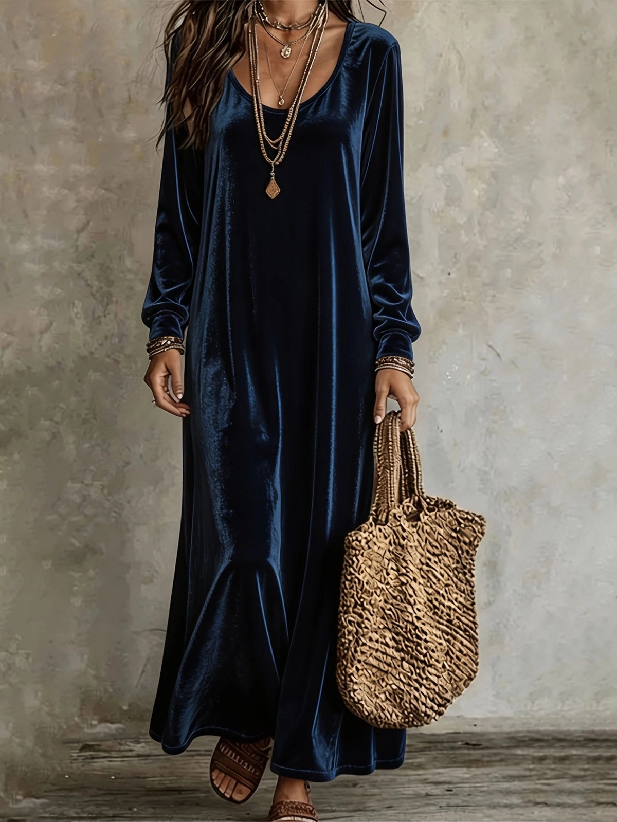 Maxi Dress Women V-Neck Long Sleeve Flared Hem - 3 - London-stylehouse.com