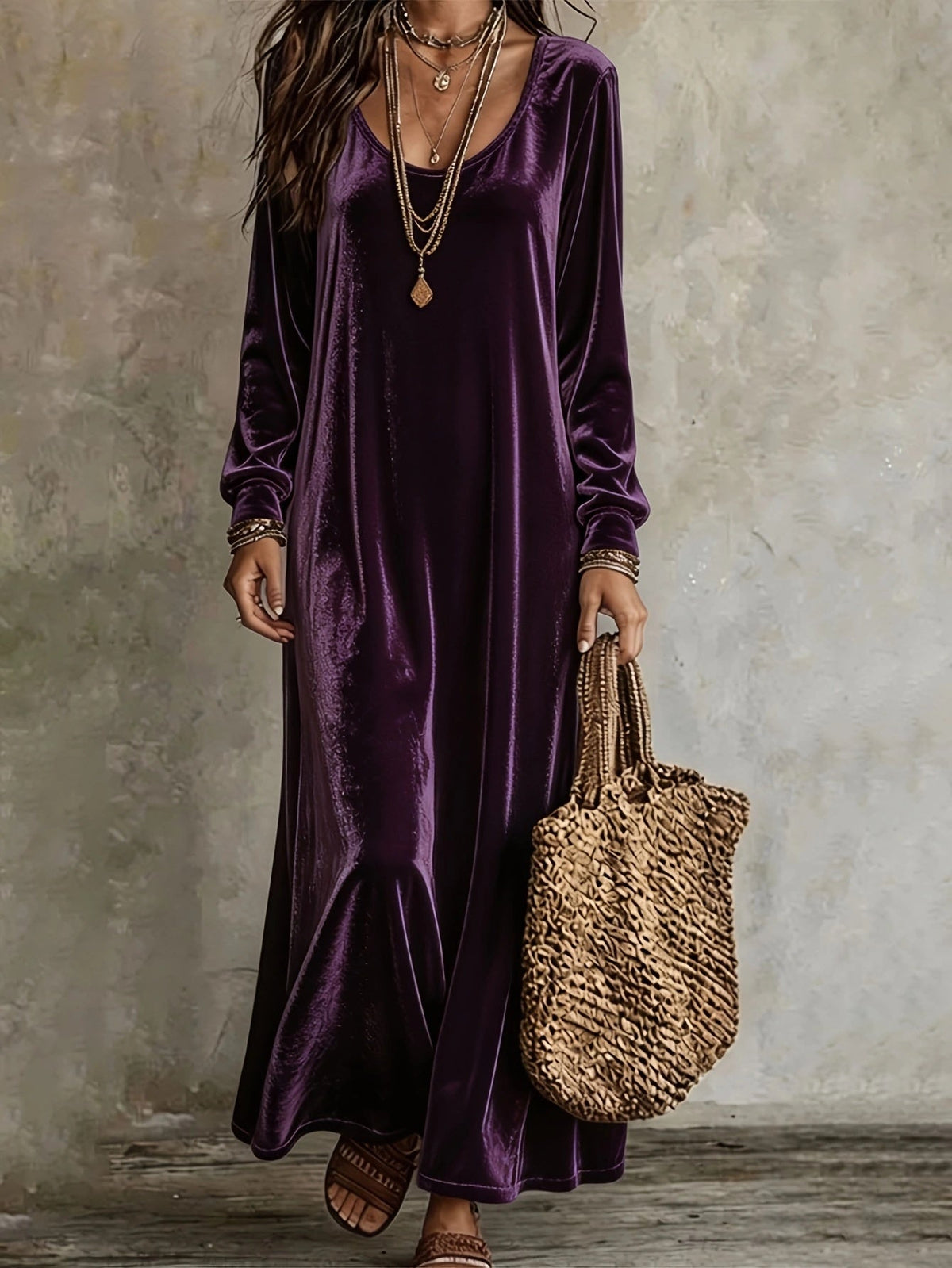 Maxi Dress Women V-Neck Long Sleeve Flared Hem - 5 - London-stylehouse.com