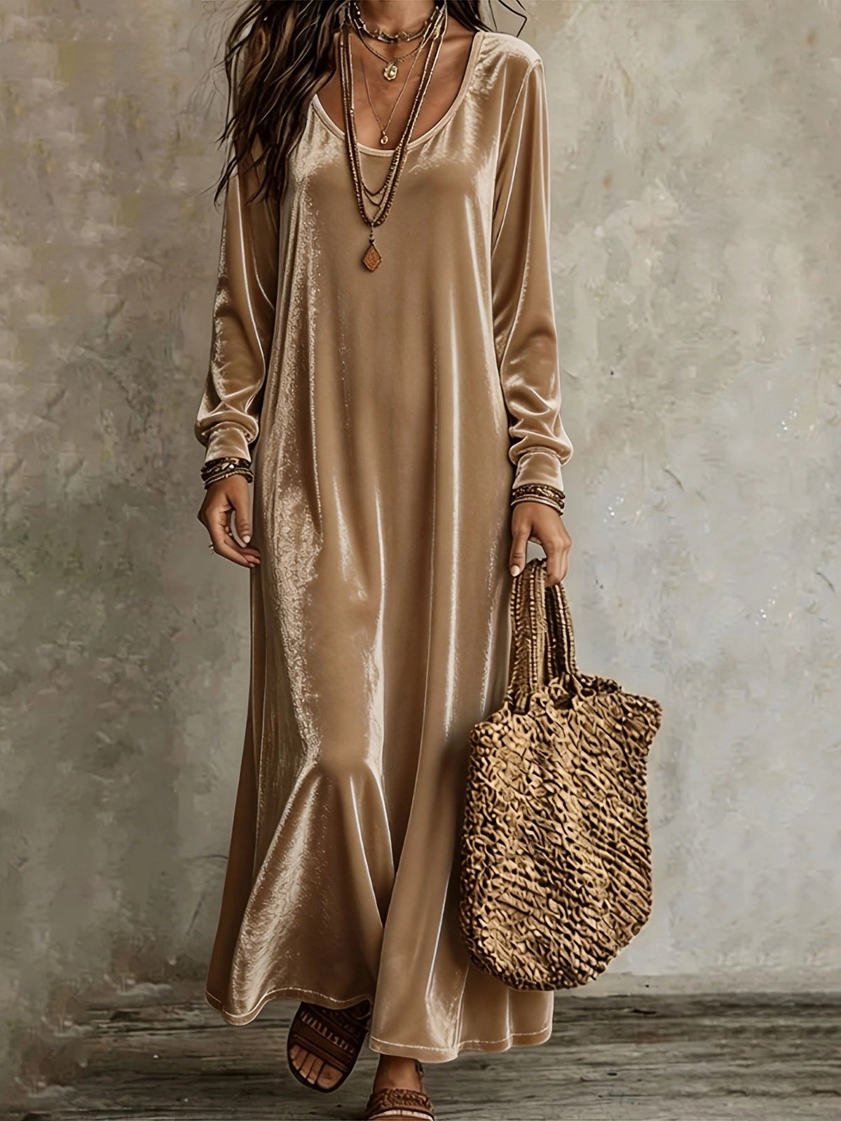 Maxi Dress Women V-Neck Long Sleeve Flared Hem - 6 - London-stylehouse.com