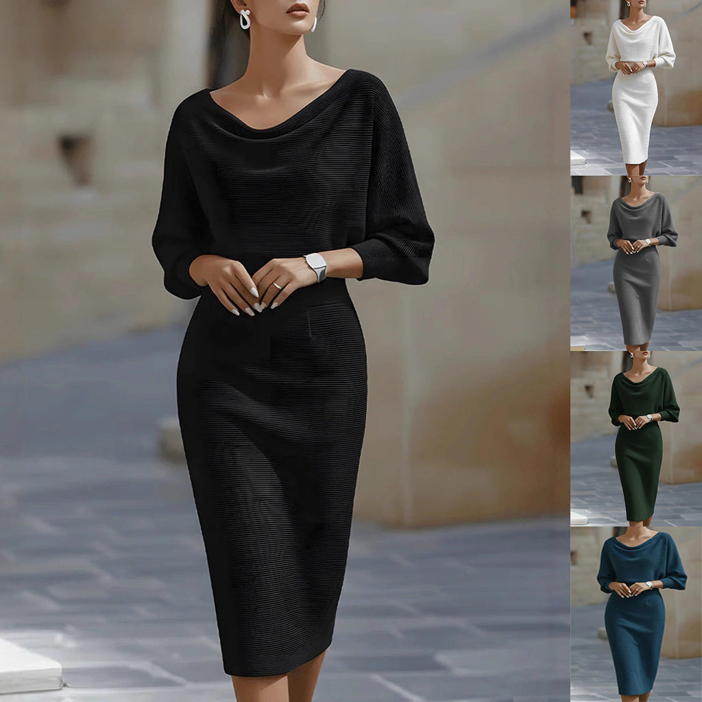 Midi Dress for Women with Cowl Neck and Puff Sleeves - 1 - London-stylehouse.com