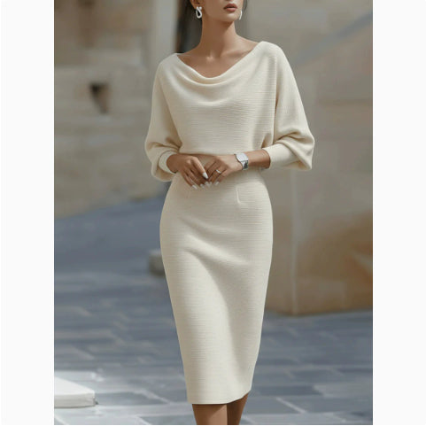 Midi Dress for Women with Cowl Neck and Puff Sleeves - 2 - London-stylehouse.com