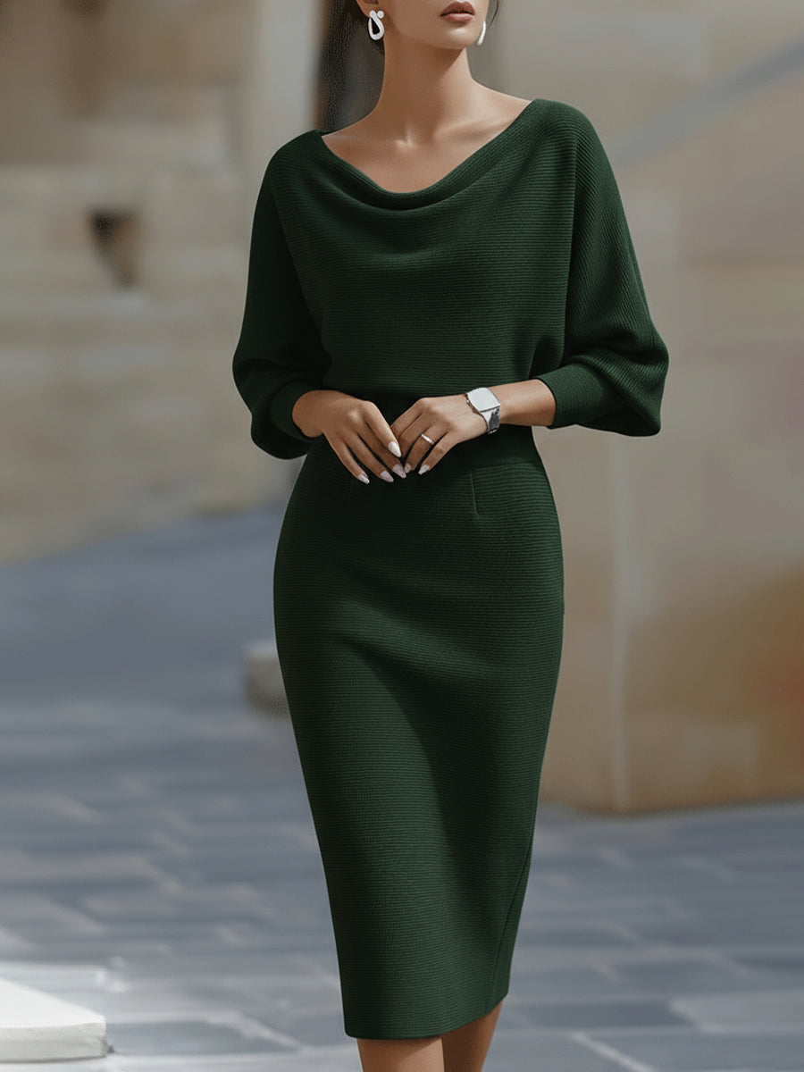 Midi Dress for Women with Cowl Neck and Puff Sleeves - 4 - London-stylehouse.com