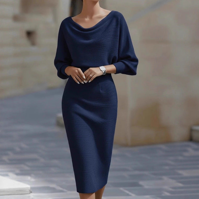Midi Dress for Women with Cowl Neck and Puff Sleeves - 9 - London-stylehouse.com
