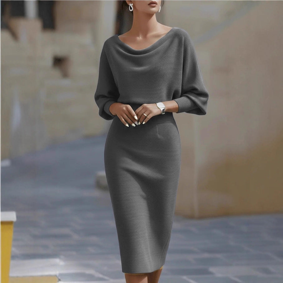 Midi Dress for Women with Cowl Neck and Puff Sleeves - 11 - London-stylehouse.com