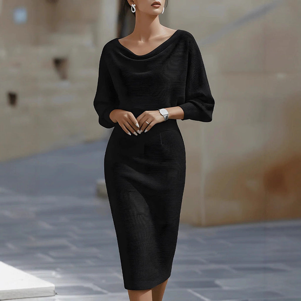 Midi Dress for Women with Cowl Neck and Puff Sleeves - 12 - London-stylehouse.com