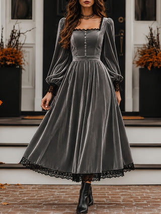 Midi Dress Women with Square Neck and Puff Sleeves for Special Occasions - 2 - London-stylehouse.com